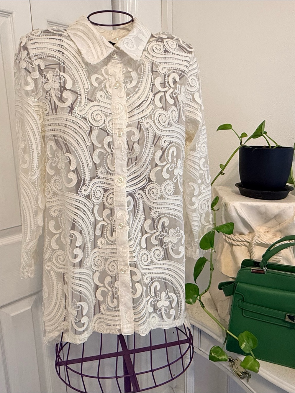 Sheer White Embroidered Button-Up Blouse - Elegant Women's Top